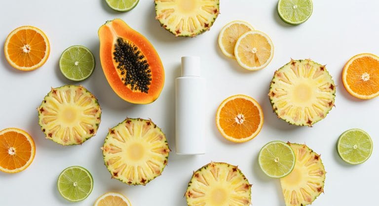 Fruits tropicaux et flacon de soin - acides de fruits AHA