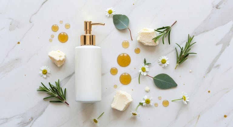 Flacon de lait corporel premium avec ingrédients botaniques sur marbre