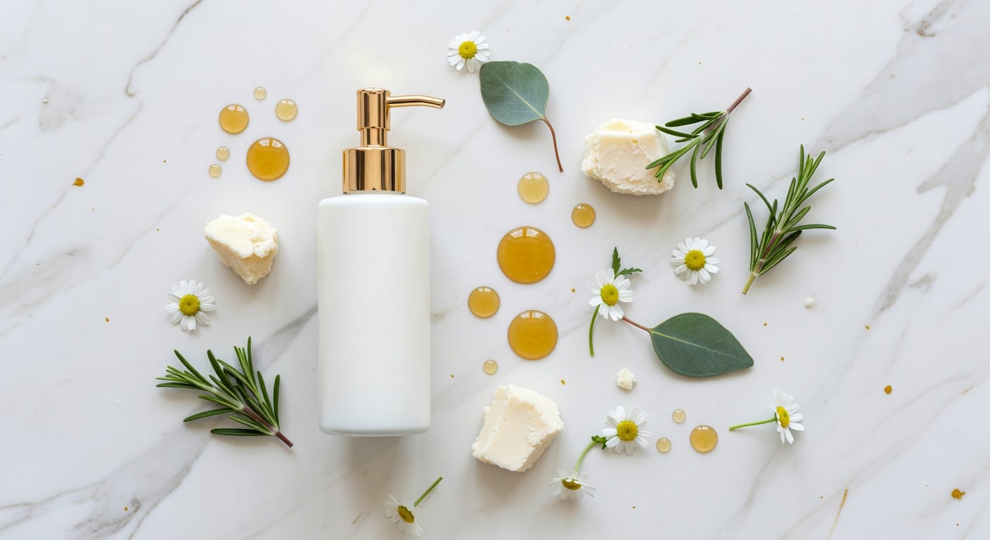 Flacon de lait corporel premium avec ingrédients botaniques sur marbre