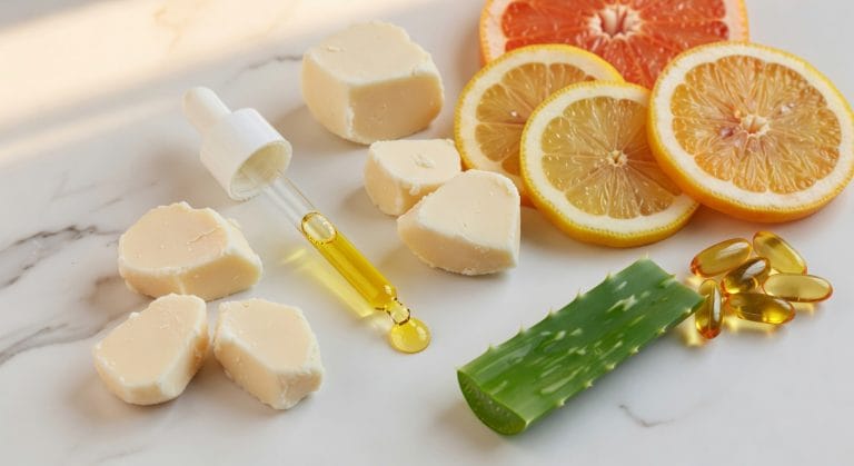 Ingrédients actifs du lait unifiant Opalya : argan, karité, agrumes, aloe vera