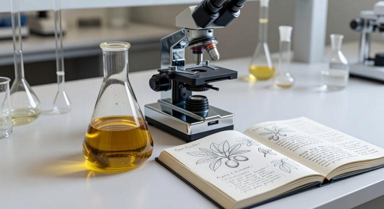 Recherche scientifique sur l'huile d'argan - laboratoire avec microscope et huile dorée