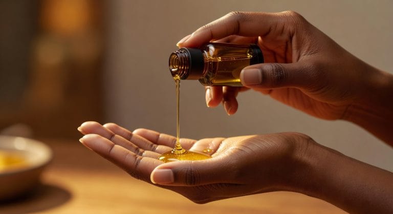 Mains de femme noire versant de l'huile d'argan dorée - rituel de soin Opalya